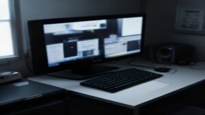 A high-resolution gaming monitor displaying vivid game graphics on a modern desk with RGB lighting, surrounded by gaming peripherals