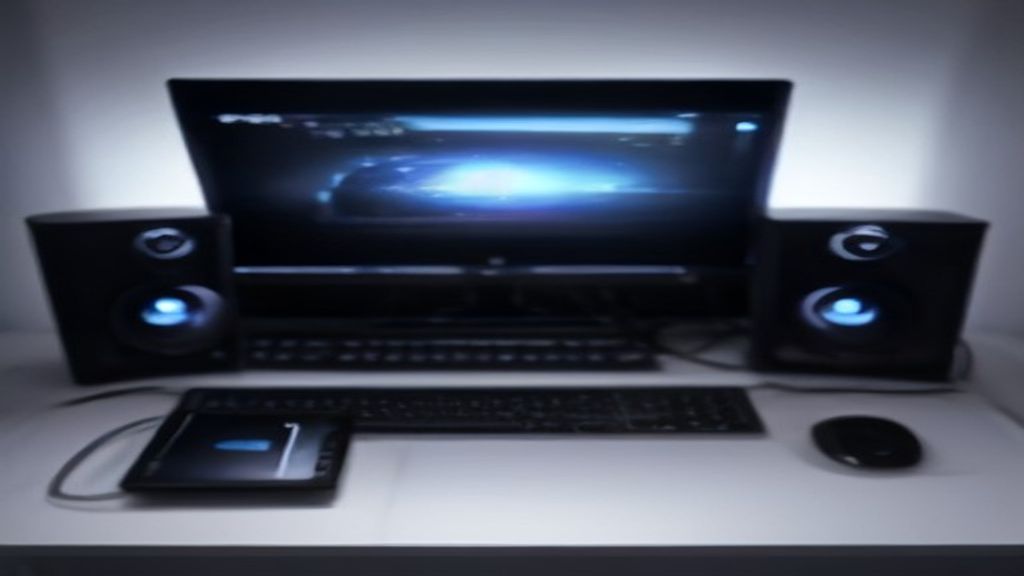 Gaming desktop tower with glowing RGB lighting on a dark desk, monitor showing a futuristic sci-fi game scene, circuit board motifs floating in background