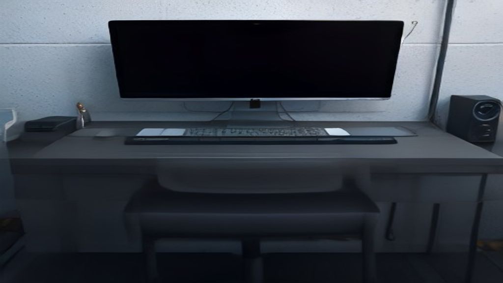 A sleek gaming rig with a curved 8K monitor showing vivid gameplay, accented by RGB lighting and ergonomic peripherals.