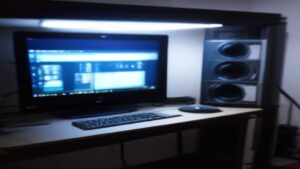 A sleek workstation with a high‑resolution monitor showing AI data visualizations next to an RTX 50 GPU, minimalist tech backdrop
