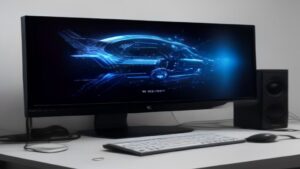 A sleek modern mini PC positioned on a gaming desk alongside a compact mechanical keyboard and dual monitors displaying vibrant gameplay