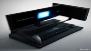 A sleek gaming setup featuring dual 8K monitors showing vivid neon‑lit game scenes, RGB lighting accents, and a minimalist modern desk.