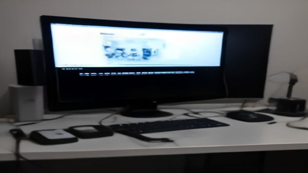A sleek futuristic workstation with glowing circuit patterns, a high‑resolution display showing code, and floating holographic UI elements