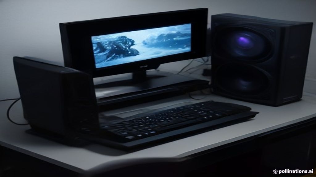 A modern workspace with a person testing a next generation VR headset on a high-performance PC setup with multiple monitors