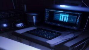 Modern data center with advanced servers and real-time performance dashboards