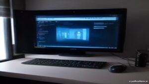 A modern triple-fan NVIDIA GeForce RTX graphics card on a dark desk with green accent lighting and subtle reflections
