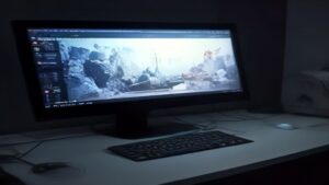 A sleek NVIDIA RTX graphics card illuminated by ambient lighting on a dark textured surface with visible fan blades and heat sink details.