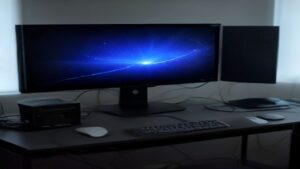 A modern NVIDIA RTX 4 graphics card installed in a gaming PC with RGB lighting and a curved ultrawide monitor displaying a benchmark score