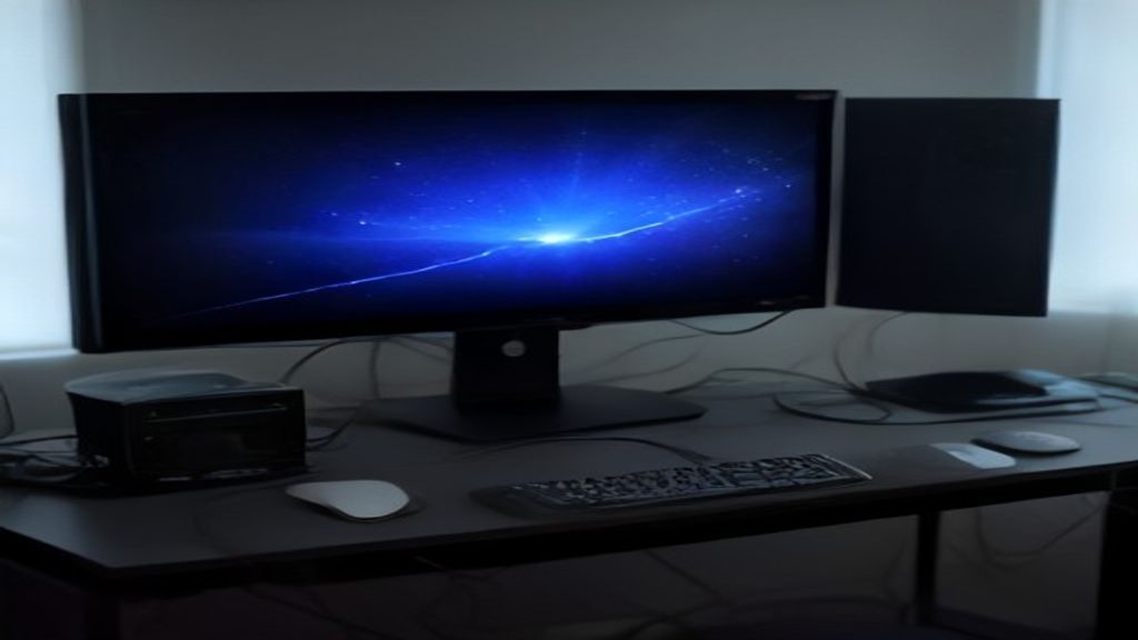 A modern NVIDIA RTX 4 graphics card installed in a gaming PC with RGB lighting and a curved ultrawide monitor displaying a benchmark score