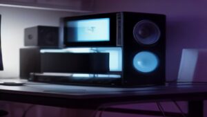 A high-end graphics card with glowing RGB lighting sits on a reflective surface, with blurred city lights behind