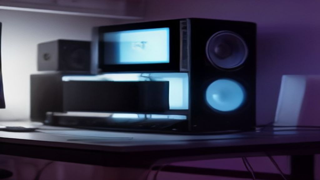 A high-end graphics card with glowing RGB lighting sits on a reflective surface, with blurred city lights behind