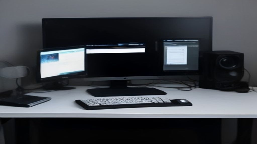 Sleek all-in-one desktop on a minimalist desk with floating holographic benchmark charts and glowing performance graphs