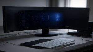 A modern gaming setup with a glowing quantum processor at the center, surrounded by holographic data streams and high-tech controllers, conveying advanced computing power for gamers.