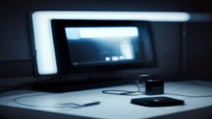 A high-performance GPU with angular heatsink and vibrant LED accents rests on a glossy desk, surrounded by faint digital patterns.