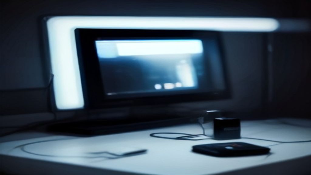 A high-performance GPU with angular heatsink and vibrant LED accents rests on a glossy desk, surrounded by faint digital patterns.