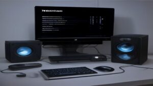 Two high-end gaming GPUs side by side on a dark backdrop, LED glow, futuristic circuit patterns, faint benchmark chart overlay.