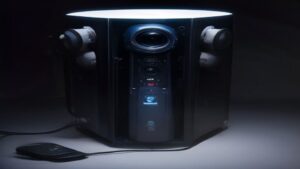 Close-up of the NVIDIA RTX 5090 Founders Edition GPU on a dark surface with subtle LED lighting highlighting its triple-fan cooler.