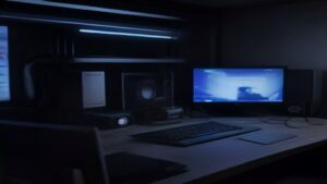 Top-down view of the RTX 5090 Founders Edition graphics card on a dark desk beside a glowing PC build, showcasing the triple-fan cooler