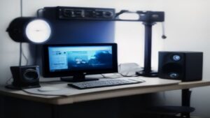 Two high-end graphics cards side by side on a dark reflective surface, glowing with cyan and red accents, set against a moody studio backdrop with subtle 4K gaming monitor glow