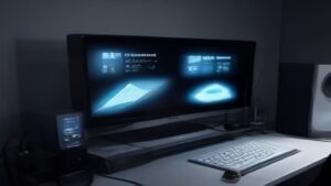 A sleek Steam Deck 2 handheld console displayed alongside its predecessor on a dark reflective surface with ambient gaming lighting
