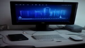 Modern workspace displaying cutting-edge benchmarking dashboards and sleek server racks against minimalist backdrop