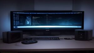 A modern workspace with high‑end computers, data charts, and a glowing server rack in a clean office setting.