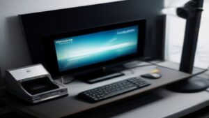 A modern data center rack displaying glowing server nodes and performance dashboards on a large wall screen