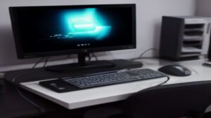 Modern workspace with laptop and dual monitors displaying rising performance graphs, ambient lighting, tech-focused aesthetic