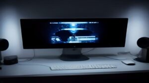 A modern server room with glowing LED lights, sleek hardware, and data visualization graphs on a large screen