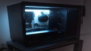 Modern server room with glowing servers and real-time performance metrics displayed on sleek monitors