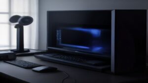 A modern data center rack with glowing performance metrics displayed on transparent screens