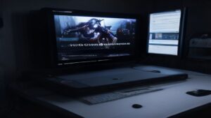 Sleek dark workspace with glowing benchmark charts, a code editor, and floating performance graphs on a holographic display
