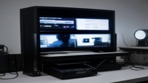 A sleek server rack with glowing blue LEDs, abstract data streams flowing, dark gradient backdrop