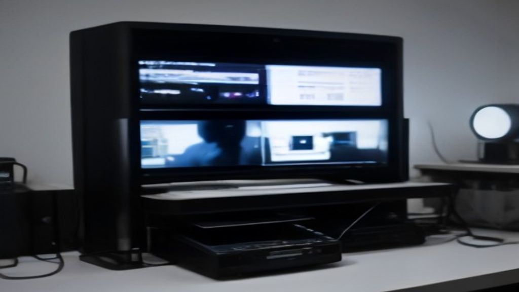 A sleek server rack with glowing blue LEDs, abstract data streams flowing, dark gradient backdrop