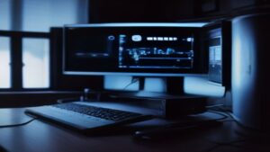 Modern data center with glowing server racks and holographic performance metrics dashboard