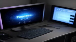 A modern data center with glowing server racks, digital graphs showing performance improvements, and a developer analyzing code on a high-resolution monitor