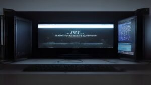A sleek dashboard showing real-time performance metrics with graphs and charts on multiple monitors in a modern server room