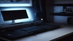 A sleek workstation with multiple monitors displaying performance graphs, server metrics, and code editor for tech optimization