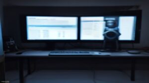 A modern server room illuminated by blue light, with streaming data lines and a performance dashboard overlay