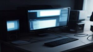 A modern data center dashboard displaying real-time performance graphs, CPU usage spikes, and optimization tips on a large screen