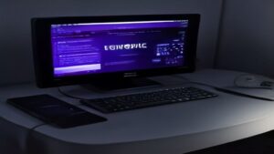Close-up of circuit board with glowing performance graph overlays in blue and green tones on a clean desk surface