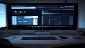 A modern workspace with multiple screens displaying performance metrics and data analytics dashboards