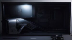 A futuristic server room with glowing data streams and a speedometer overlay, representing performance optimization