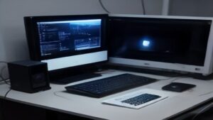 A sleek dashboard displaying real-time server performance metrics with graphs and charts, alongside a modern server room with technicians analyzing data on multiple screens