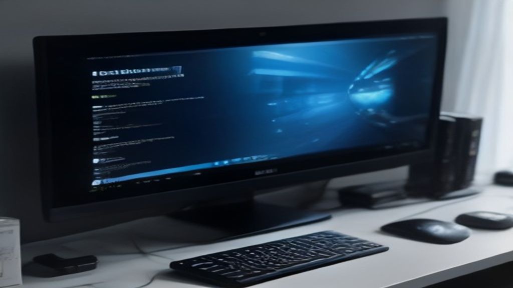 Sleek workstation with glowing CPU chip, rising performance graph lines, and floating benchmark dials on a dark gradient background