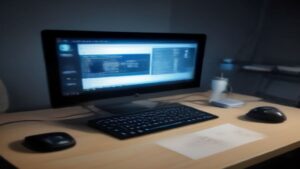 Data center server room with real-time performance analytics dashboard on transparent displays