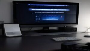 A modern workspace with dual monitors showing code, performance graphs and speed metrics, symbolizing tech optimization.