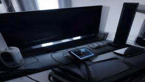 A sleek modern workspace showing a large screen with performance graphs, code snippets, and server icons, representing tech performance optimization concepts.