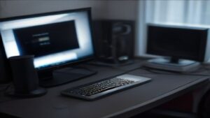 Server room with flowing data visualizations representing tech performance optimization and benchmarking metrics.