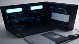 A modern data center floor with glowing server racks, real-time performance graphs on transparent screens, and engineers analyzing metrics.